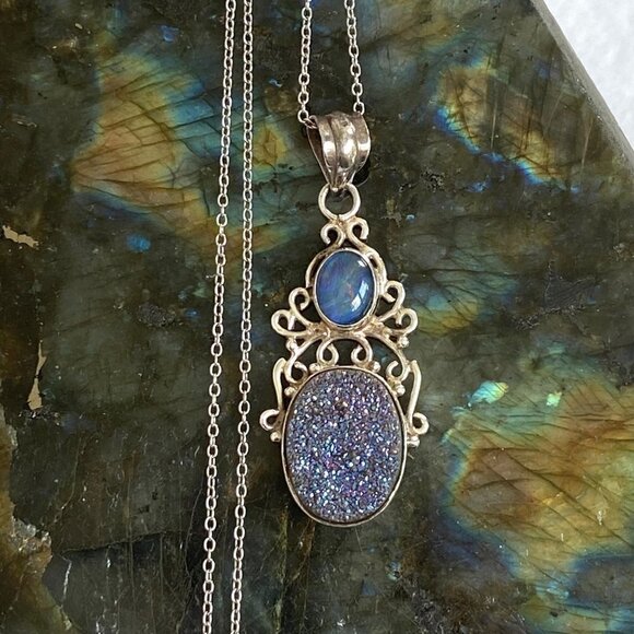 Sterling Silver 925 Oval Opal Titanium Druzy Scrollwork Pendant Necklace 18" - Picture 4 of 16